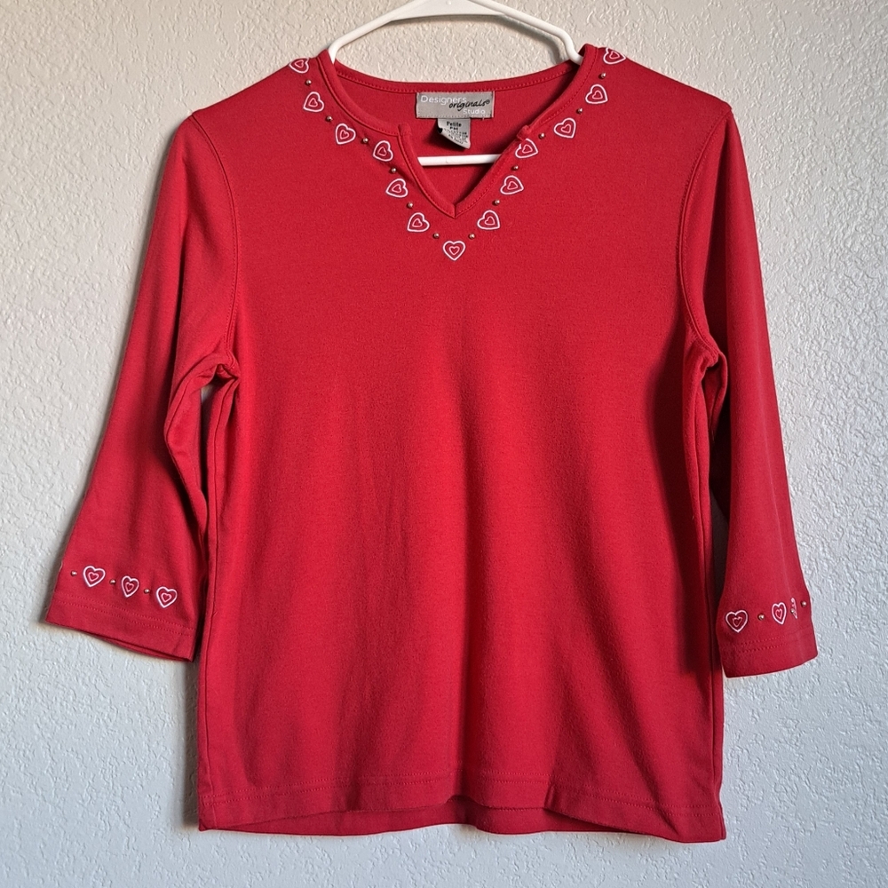 Y2K Red Embroidered Heart Trim 3/4 Sleeve Top Size Petite Medium